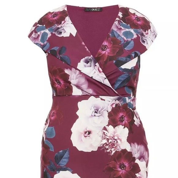 Quiz Floral Dress Wrap Front Berry & Teal Stretch V-Neck Cap Sleeves Big Collar - Picture 2 of 11